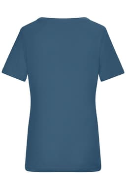 A blue ladies T-shirt featuring short sleeves and a fitted design, with a logo on the back.