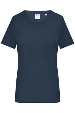 A navy ladies T-shirt with a round neckline and short sleeves, featuring a branded label.