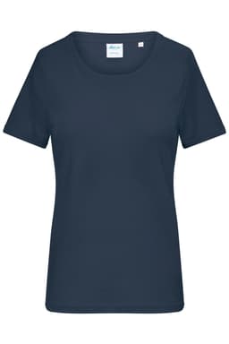 A navy blue ladies' T-shirt with short sleeves and a round neckline, featuring a brand logo.