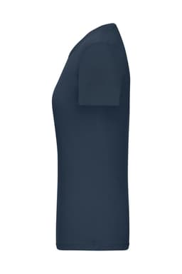 A side view of a navy blue ladies' t-shirt with short sleeves and a fitted design. It has a branding logo.