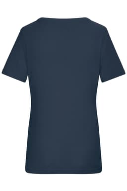A navy blue ladies T-shirt with short sleeves and a simple design. It includes a logo on the back.