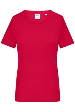 A red ladies T-shirt with short sleeves and a round neckline, featuring a simple design and a logo.