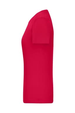 A red ladies T-shirt featuring a 1:1 rib design, shown from the side. It has a simple style and a logo.