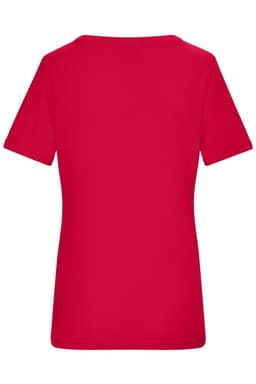 A red ladies T-shirt with a classic fit and short sleeves. It features a logo on the back.