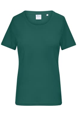 A dark green ladies’ t-shirt with short sleeves and a round neckline. The shirt features a logo on the label.