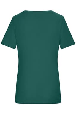 A teal ladies T-shirt with short sleeves and a fitted design, featuring a logo on the back.