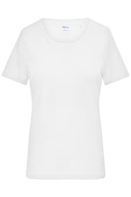 A white ladies' t-shirt with a ribbed neckline and short sleeves, featuring a logo on the inner label.