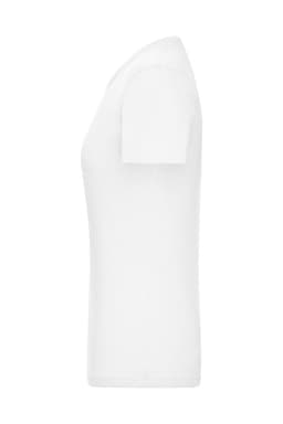 A white ladies T-shirt with a 1:1 rib design, featuring a simple, fitted style and short sleeves.