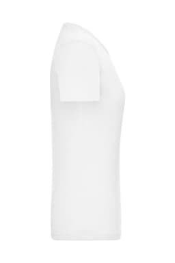 A white ladies T-shirt with short sleeves and a fitted design. It features a logo on the side.