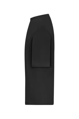 An oversized black T-shirt with a simple design and a logo on it, displayed from the side.