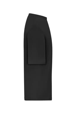 An oversized black T-shirt with a unique side design and a logo on it.