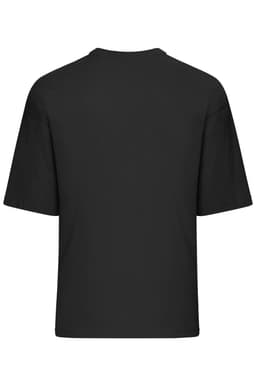 A black oversized T-shirt featuring a loose fit and short sleeves. The back view shows a simple design with no text.