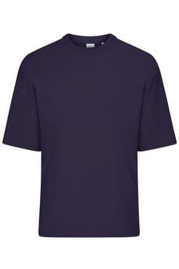 An oversized purple T-shirt featuring short sleeves and a rounded neckline. The shirt has a logo on it.