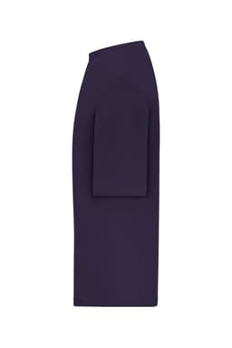 An oversized purple T-shirt with a rounded neckline and relaxed short sleeves, featuring a distinctive silhouette.