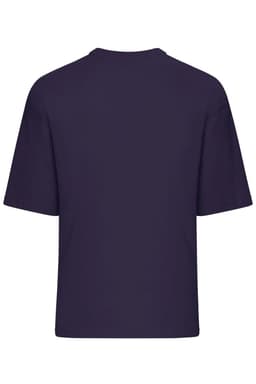 An oversized purple T-shirt featuring short sleeves and a simple design, with a logo on the back.