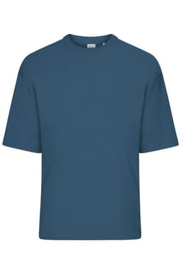An oversized navy T-shirt with a loose fit and short sleeves, featuring a simple design.