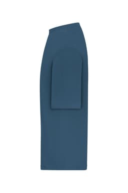 An oversized blue T-shirt with short sleeves, featuring a logo. Side view.