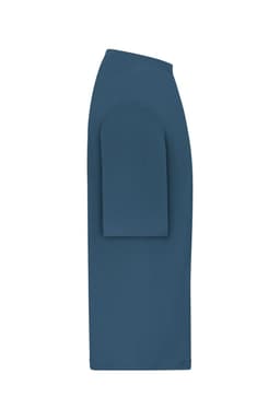 An oversized blue T-shirt with a loose fit and short sleeves, featuring a logo on the design.