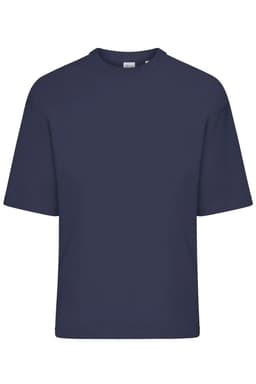 An oversized navy T-shirt with short sleeves, featuring a simple design and a logo.