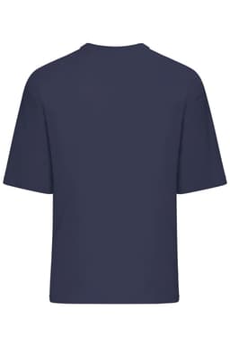 An oversized navy T-shirt with short sleeves and a round neckline. The back view shows a plain design without graphics.
