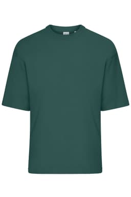 An oversized dark green t-shirt featuring a loose fit and short sleeves. It has a brand logo on the label.