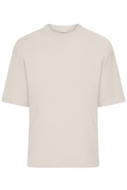 An oversized beige T-shirt with short sleeves and a plain design, featuring a branding logo.