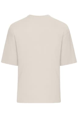An oversized beige T-shirt with short sleeves and a round neckline, featuring a logo on the back.