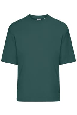 An oversized dark green T-shirt with short sleeves and a round neckline. The shirt features a logo on the label.