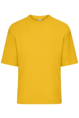 An oversized yellow T-shirt with short sleeves and a relaxed fit, featuring a logo on the label.