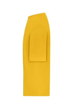 An oversized yellow T-shirt displayed on a plain background, featuring short sleeves and a relaxed fit.