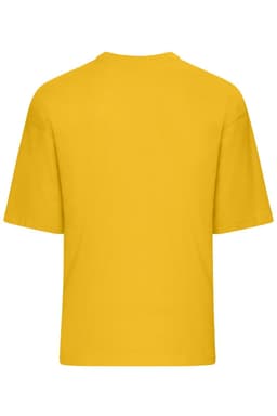 A yellow oversized T-shirt with short sleeves and a plain back, featuring a logo on the neckline.