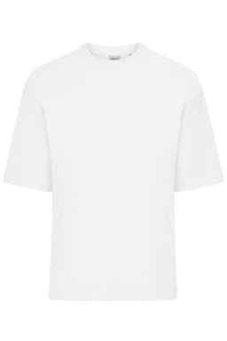 An oversized white T-shirt with short sleeves and a round neck, featuring a logo on the tag.