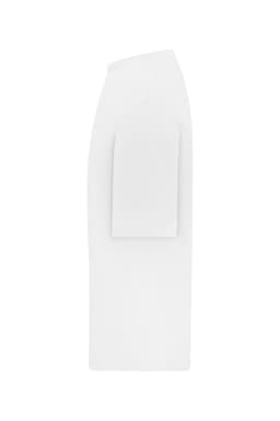An oversized white T-shirt with short sleeves, featuring a logo on the front.