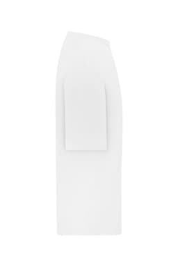An oversized white T-shirt with a unique design, featuring a prominent sleeve detail and a logo.