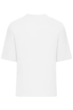 An oversized white T-shirt featuring a simple design and a logo.