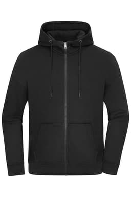 An oversized hooded jacket in black, featuring a zip front and a front pocket. It has a logo on the design.