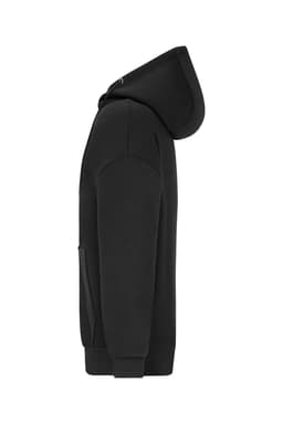 An oversized black hooded jacket with a kangaroo pocket and a smooth finish, featuring a logo.
