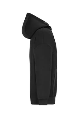 An oversized jacket in black with a hood and side pockets, featuring a logo on the front.