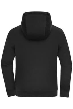 An oversized hooded jacket in solid black, featuring a spacious hood and a relaxed fit.