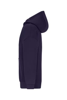 A navy oversized hooded jacket featuring a front pocket and a drawstring hood. It has a logo on the side.
