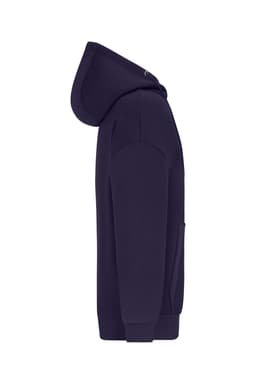 An oversized hooded jacket in navy blue, featuring a front pocket and a large hood. It includes a logo.