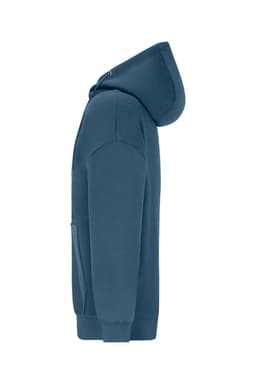 An oversized hooded jacket in a deep blue colour, featuring a hood and front pockets. It has a subtle logo.