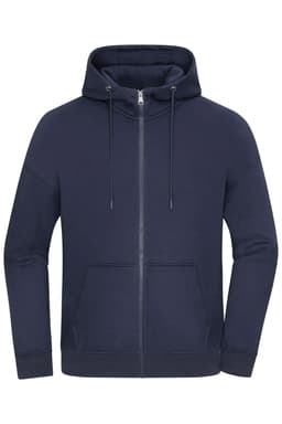 An oversized hooded jacket in navy blue, featuring a full zip front and a front pocket. It has a logo on it.
