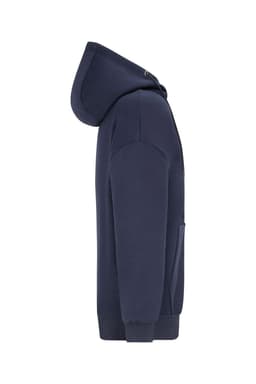 An oversized hooded jacket in navy blue, featuring a front pocket and a full hood. It has a simple logo on it.