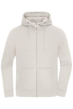 An oversized hooded jacket in a light grey colour, featuring a zip front and front pockets. It has a logo on it.