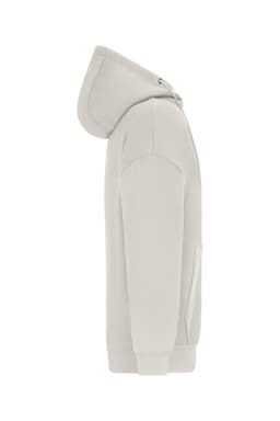 An oversized hooded jacket in light grey, featuring a front pocket and a hood. It has a simple design.