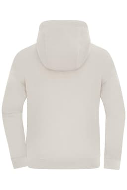 An oversized hooded jacket in a neutral tone, featuring a simple design and a logo on the back.