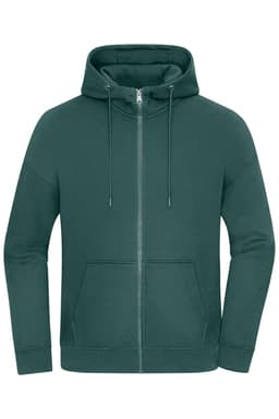An oversized hooded jacket in a deep green colour, featuring a zip front and a pocket at the front.