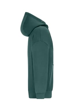 An oversized hooded jacket in a deep green colour, featuring a front pocket and a hood. It has a logo on the chest.