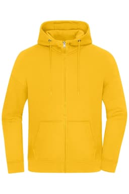 An oversized hooded jacket in bright yellow, featuring a front zipper and pouch pockets. It has a logo on the chest.